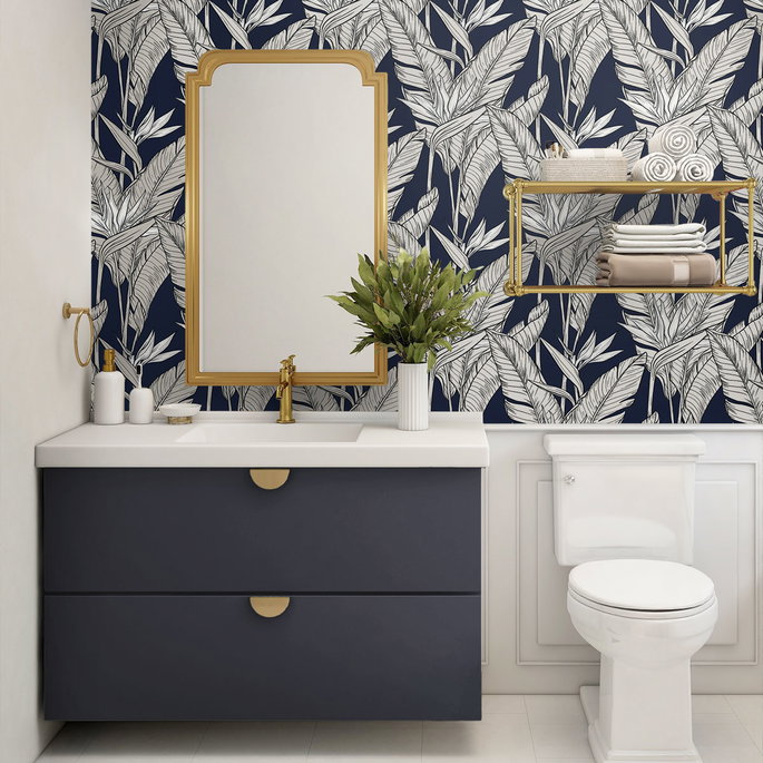 Stacy Garcia Home Peel &amp; Stick Birds of Paradise Navy Blue &amp; Metallic Pewter Wallpaper image 4 of 4