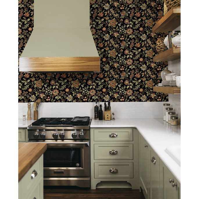 Stacy Garcia Home Peel &amp; Stick Jacobean Floral Trail Ebony Wallpaper image 3 of 7