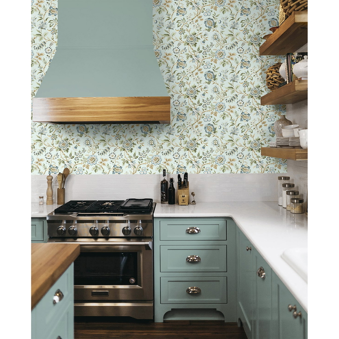 Stacy Garcia Home Peel &amp; Stick Jacobean Floral Trail Sea Mist Wallpaper image 3 of 7