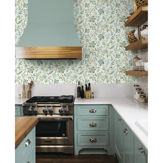 Stacy Garcia Home Peel &amp; Stick Jacobean Floral Trail Sea Mist Wallpaper image 3 of 7