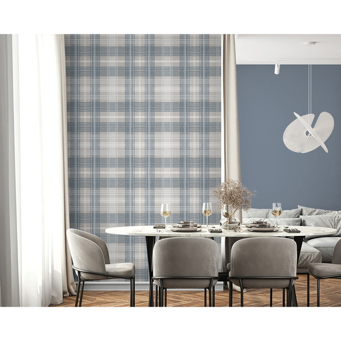 Stacy Garcia Home Peel &amp; Stick Crossroads Plaid Argos Grey &amp; Blue Wallpaper image 3 of 6
