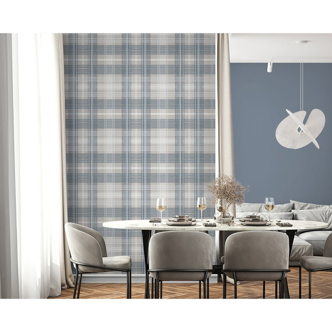 Stacy Garcia Home Peel &amp; Stick Crossroads Plaid Argos Grey &amp; Blue Wallpaper image 3 of 6