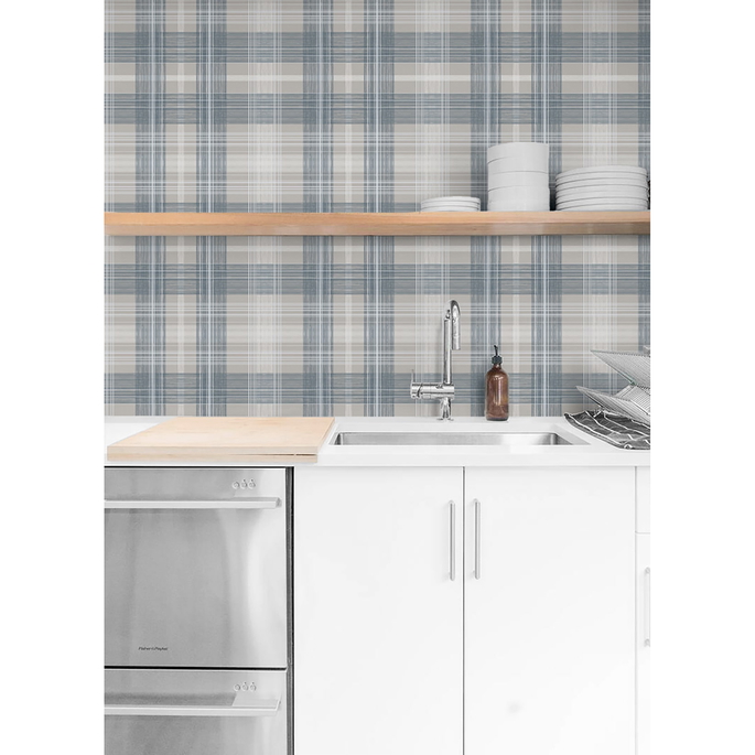 Stacy Garcia Home Peel &amp; Stick Crossroads Plaid Argos Grey &amp; Blue Wallpaper image 4 of 6