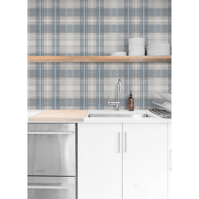 Stacy Garcia Home Peel &amp; Stick Crossroads Plaid Argos Grey &amp; Blue Wallpaper image 4 of 6