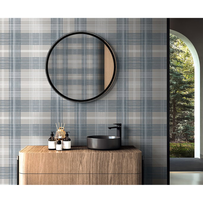 Stacy Garcia Home Peel &amp; Stick Crossroads Plaid Argos Grey &amp; Blue Wallpaper image 5 of 6