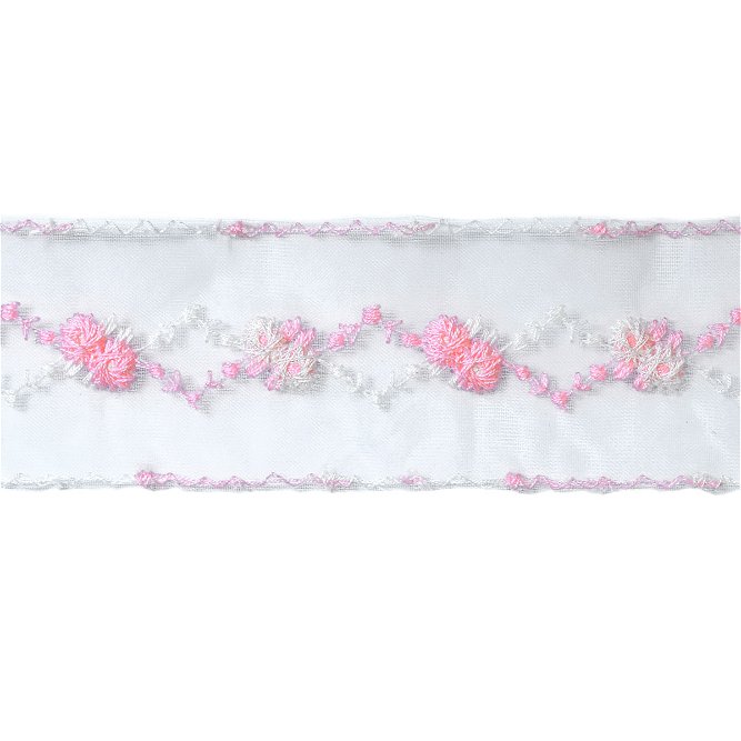 1-3/4&quot; White/Pink Embroidered Trim
